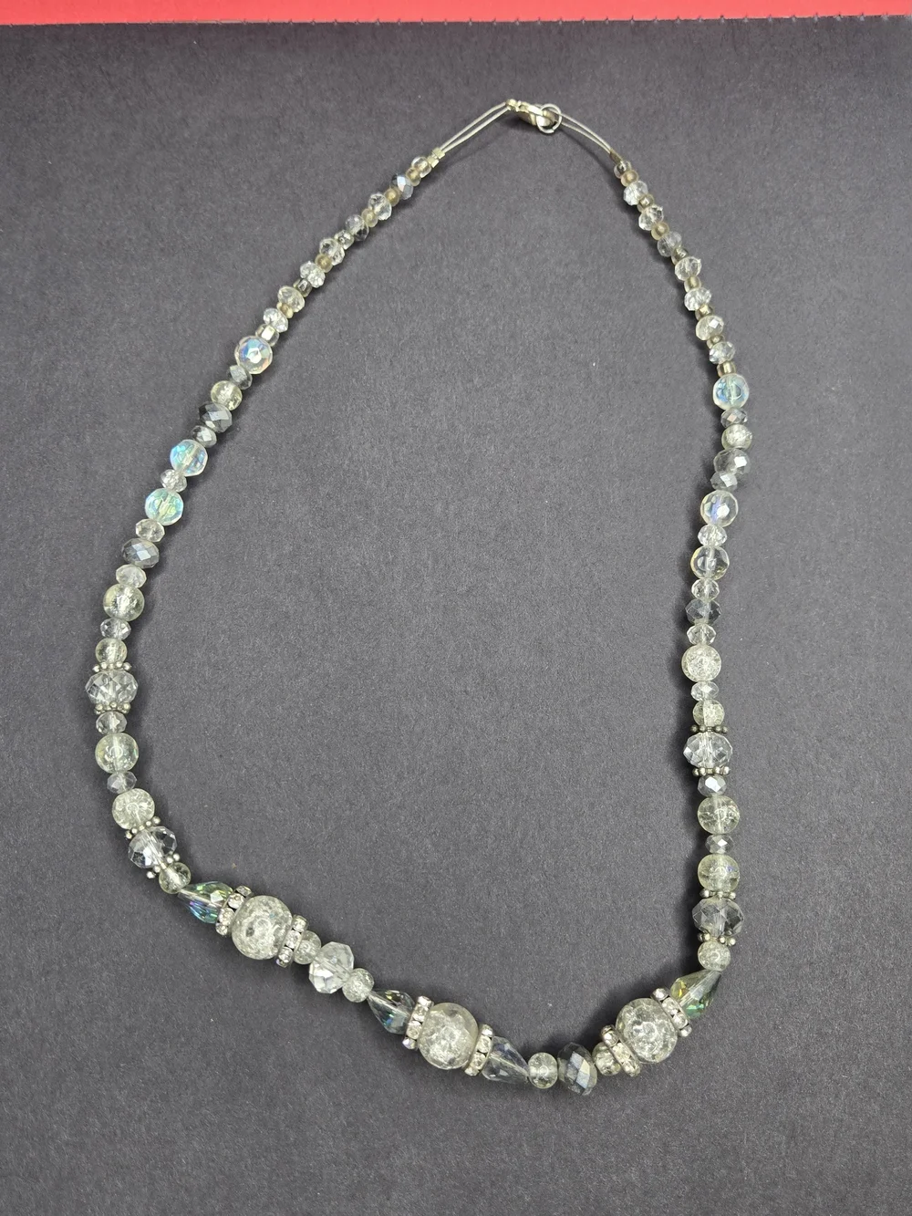 Clear Iridescent Crystal Glass Beaded Necklace Rhinestone Accents 22